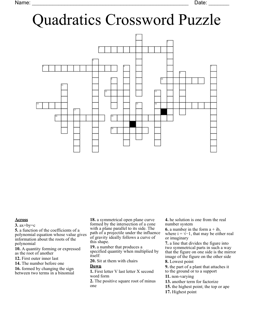 Quadratics Crossword Puzzle 