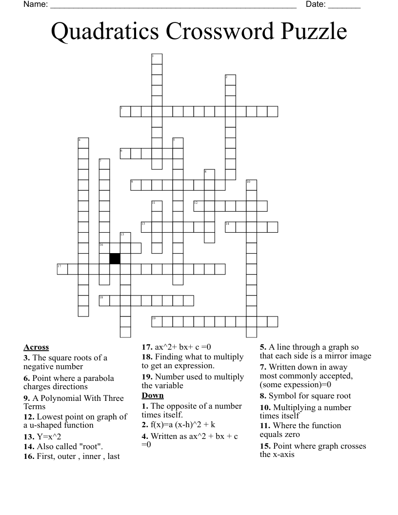 Quadratics Crossword Puzzle 