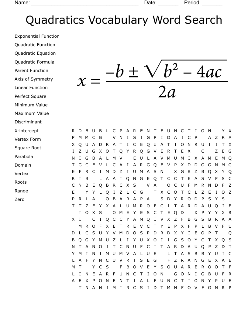Quadratics Vocabulary Word Search