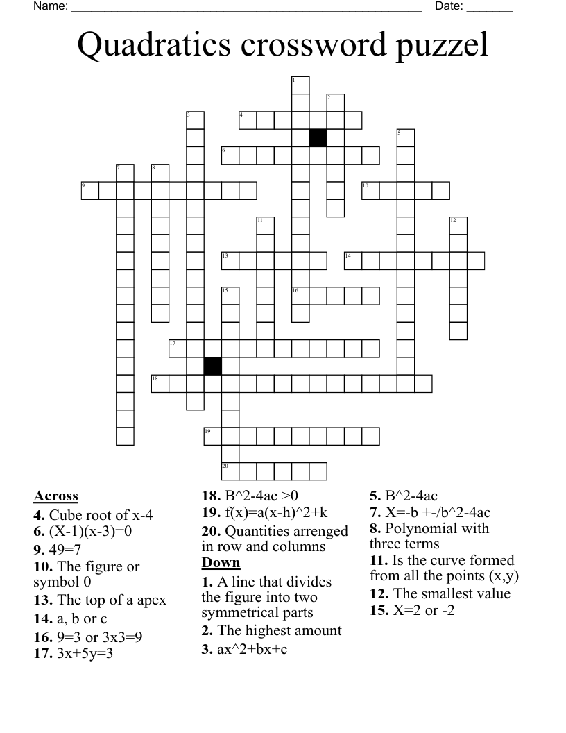Quadratics crossword puzzel