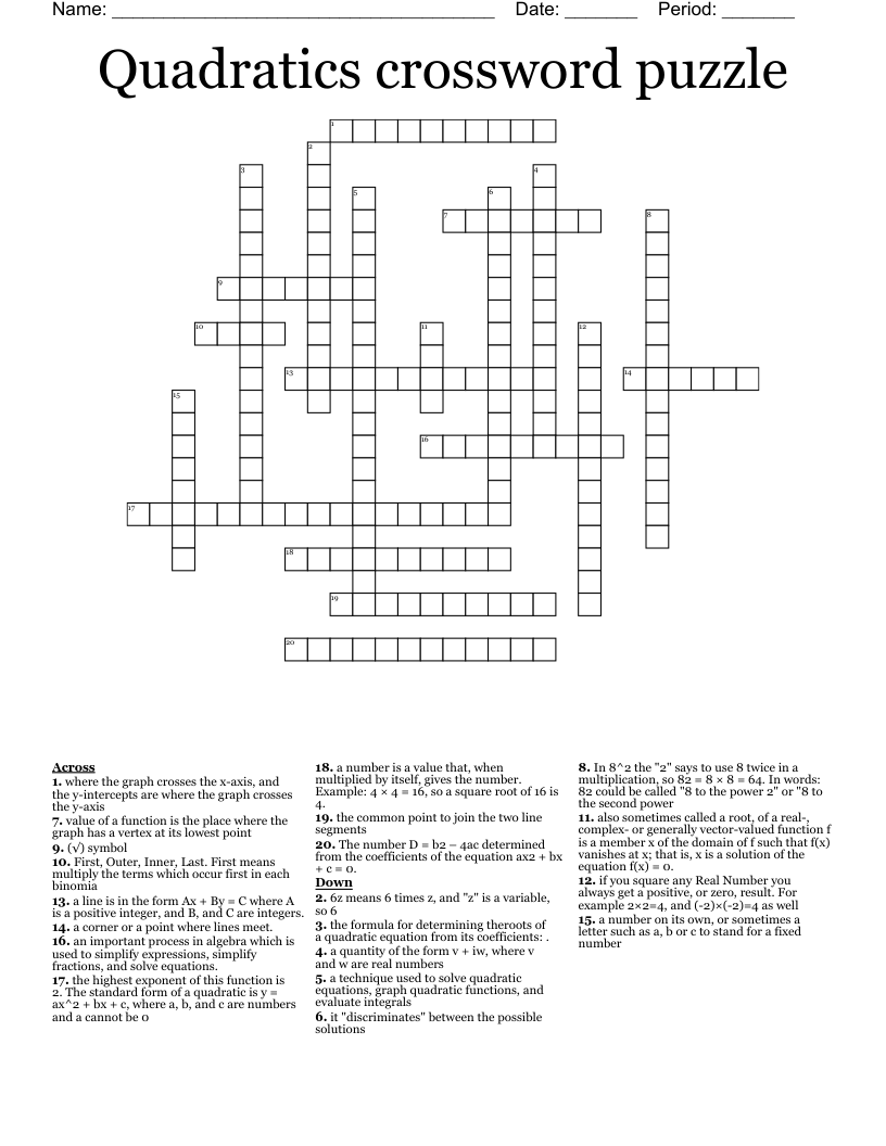 Quadratics crossword puzzle 