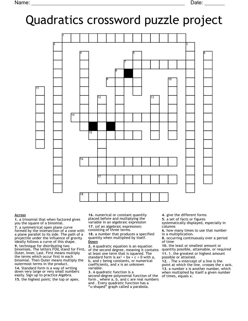 Quadratics crossword puzzle project