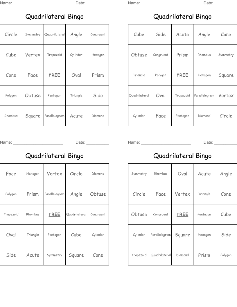 Quadrilateral Bingo