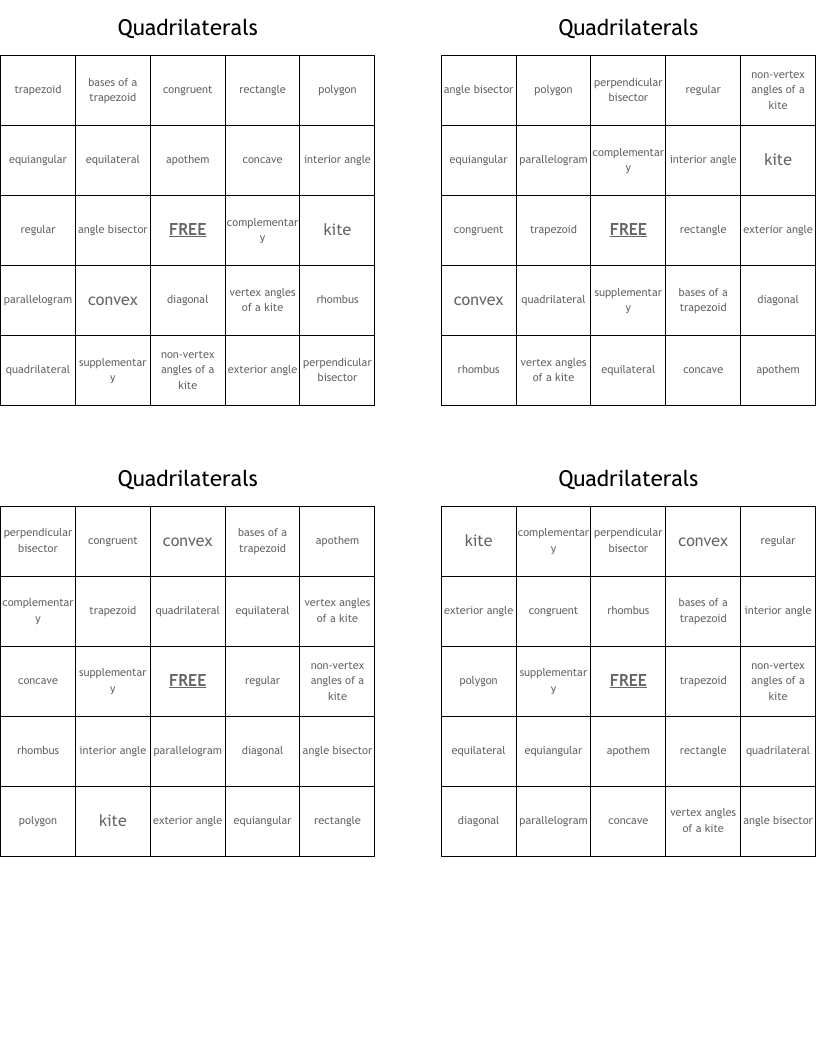 Quadrilaterals Bingo Cards