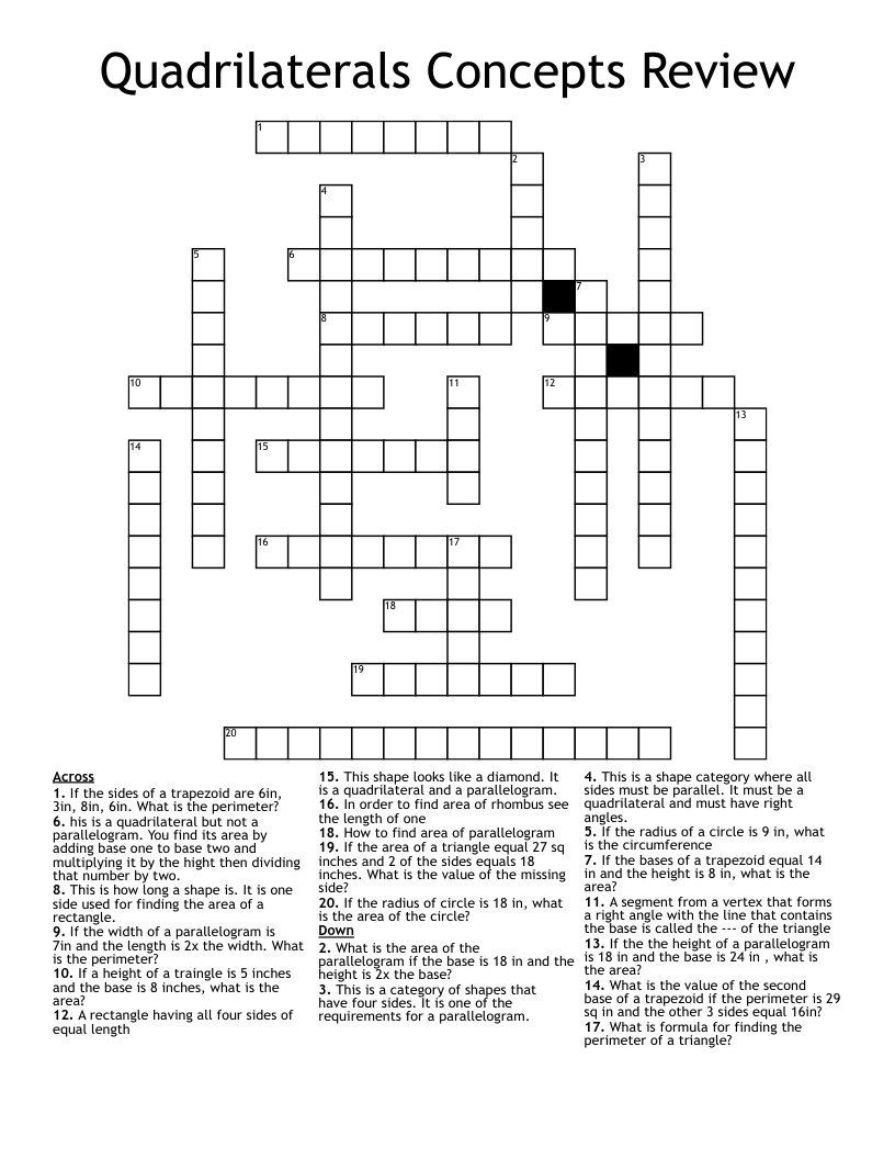 Quadrilaterals Concepts Review  Crossword