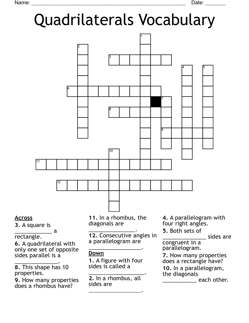 Quadrilaterals Vocabulary  Crossword