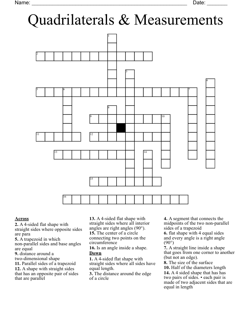 Quadrilaterals & Measurements  Crossword