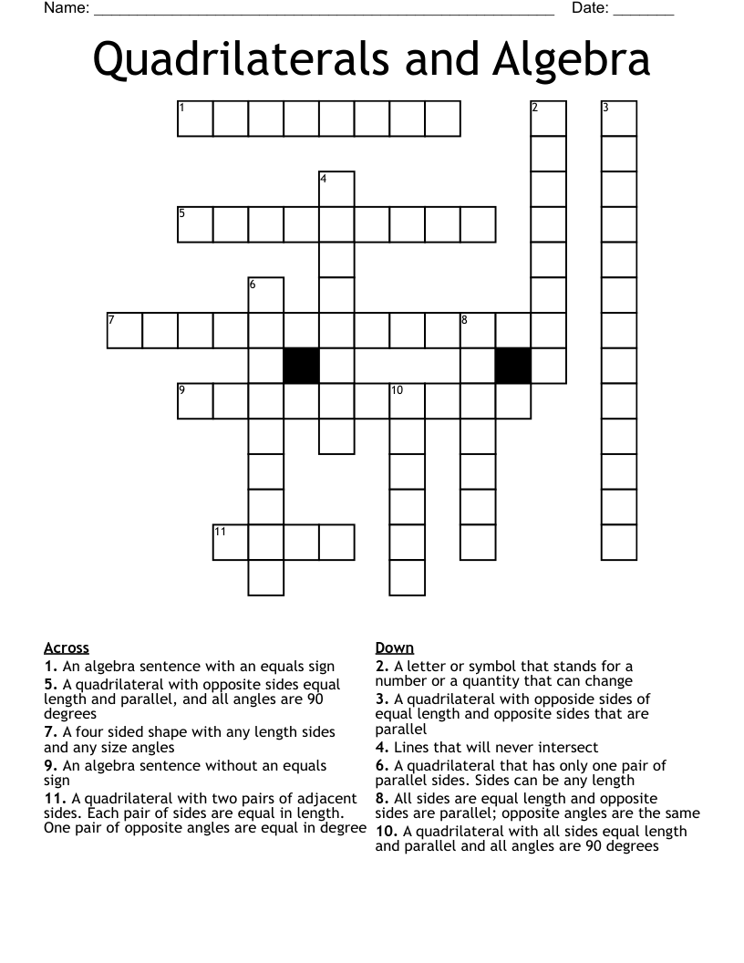 Quadrilaterals and Algebra Crossword