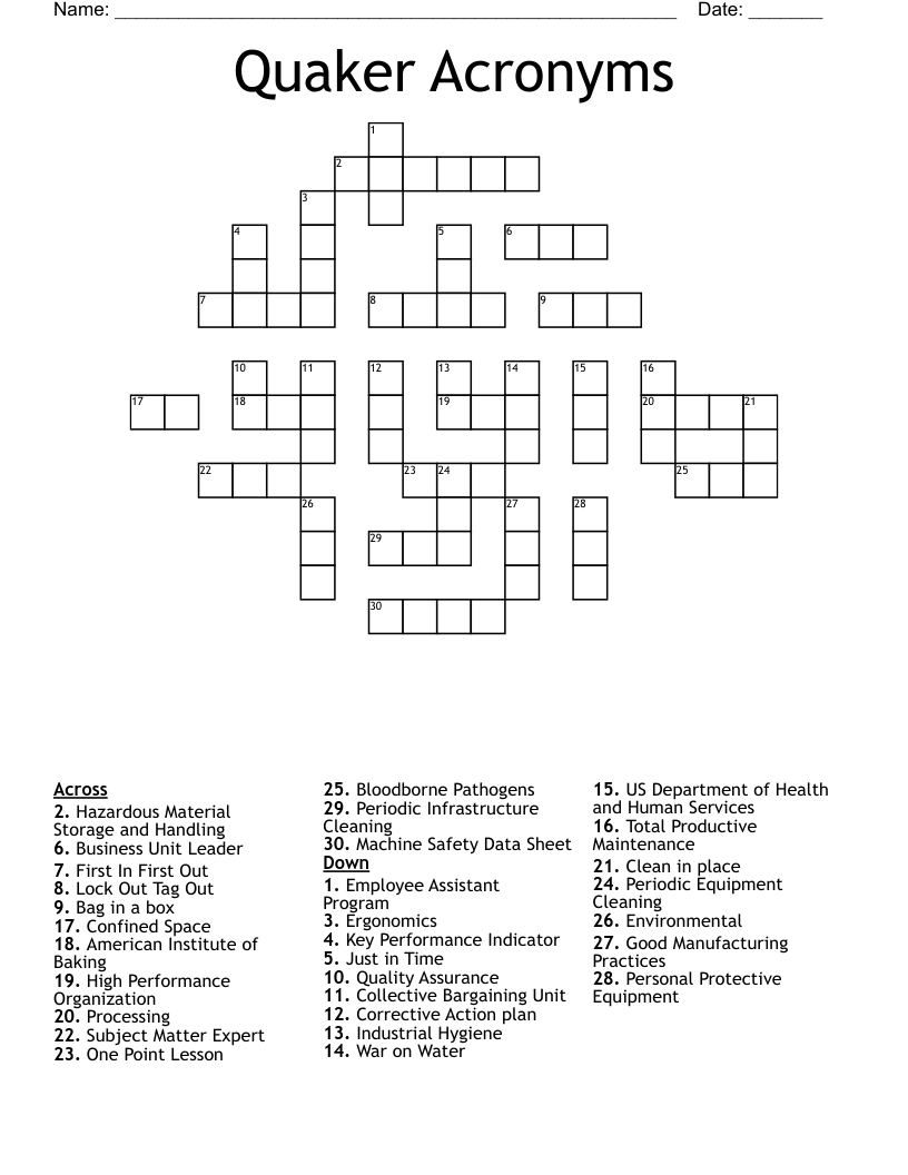 Quaker Acronyms Crossword