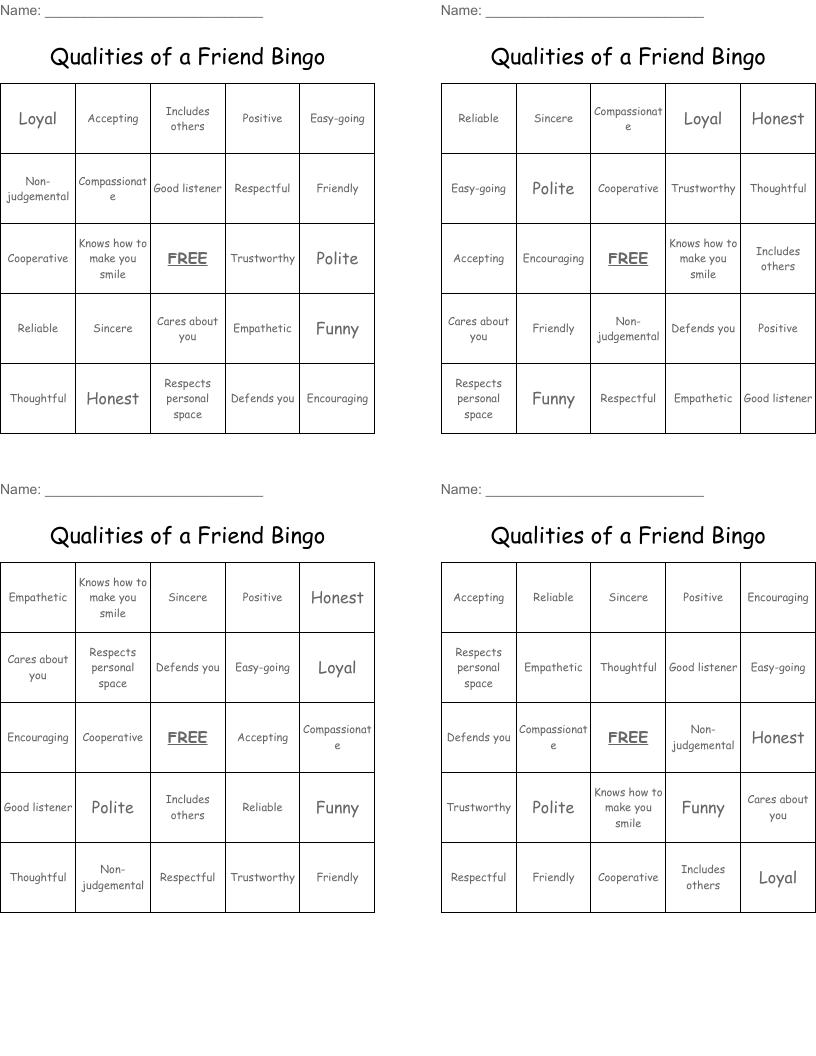 Qualities of a Friend Bingo 