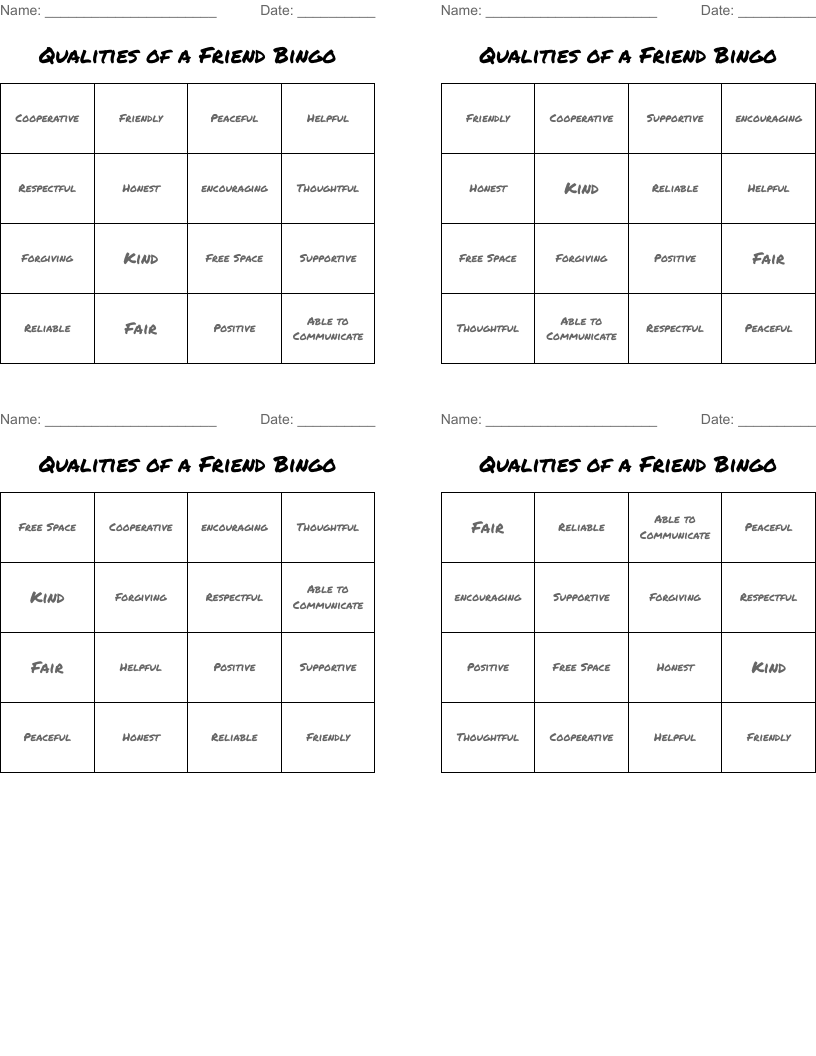 Qualities of a Friend Bingo 