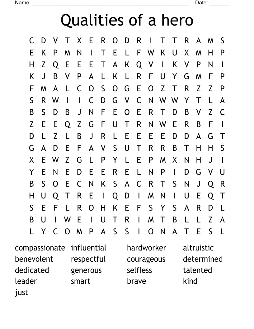 Qualities of a hero Word Search