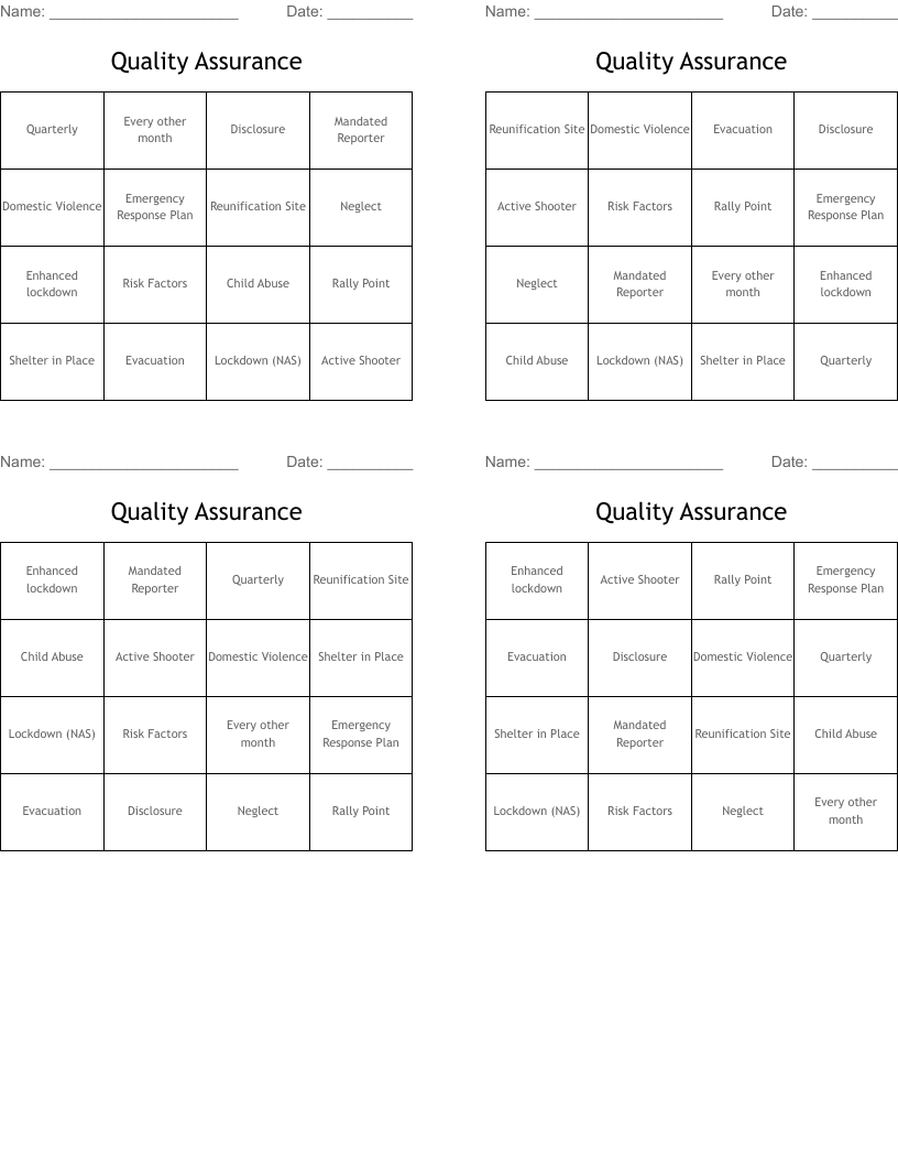 Quality Assurance  Bingo Cards