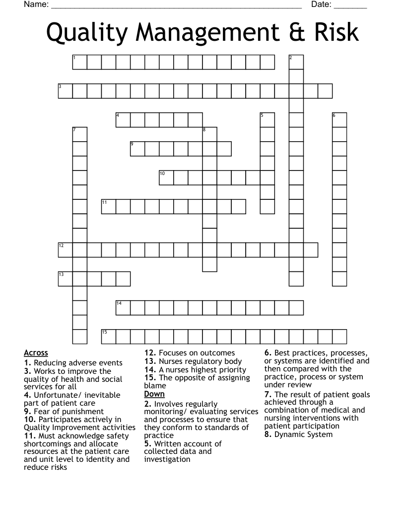 Quality Management & Risk  Crossword