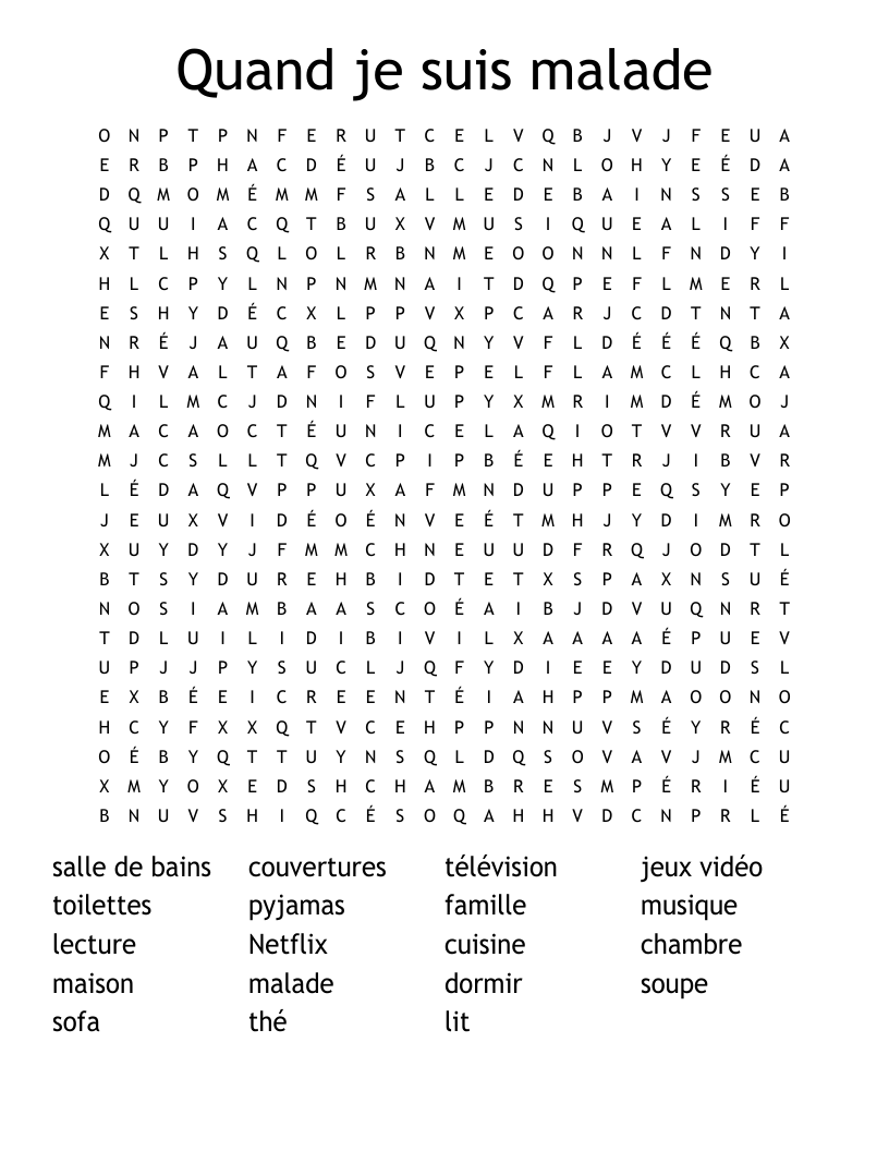 Quand je suis malade Word Search