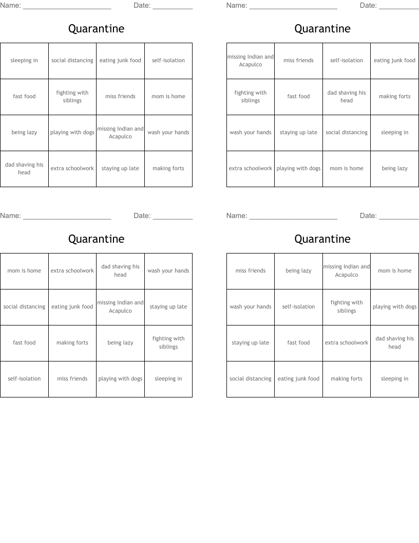 Quarantine Bingo Cards