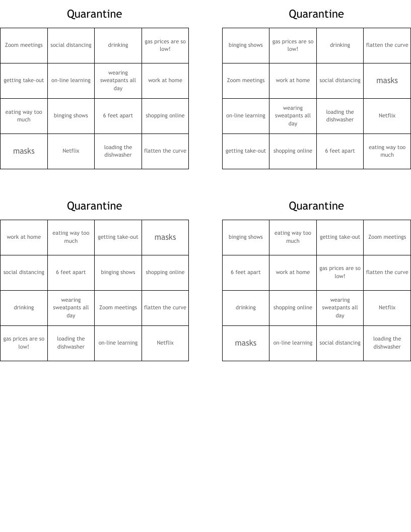 Quarantine Bingo Cards