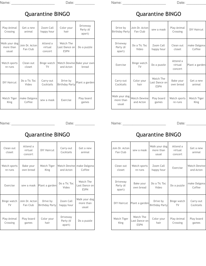 Quarantine BINGO