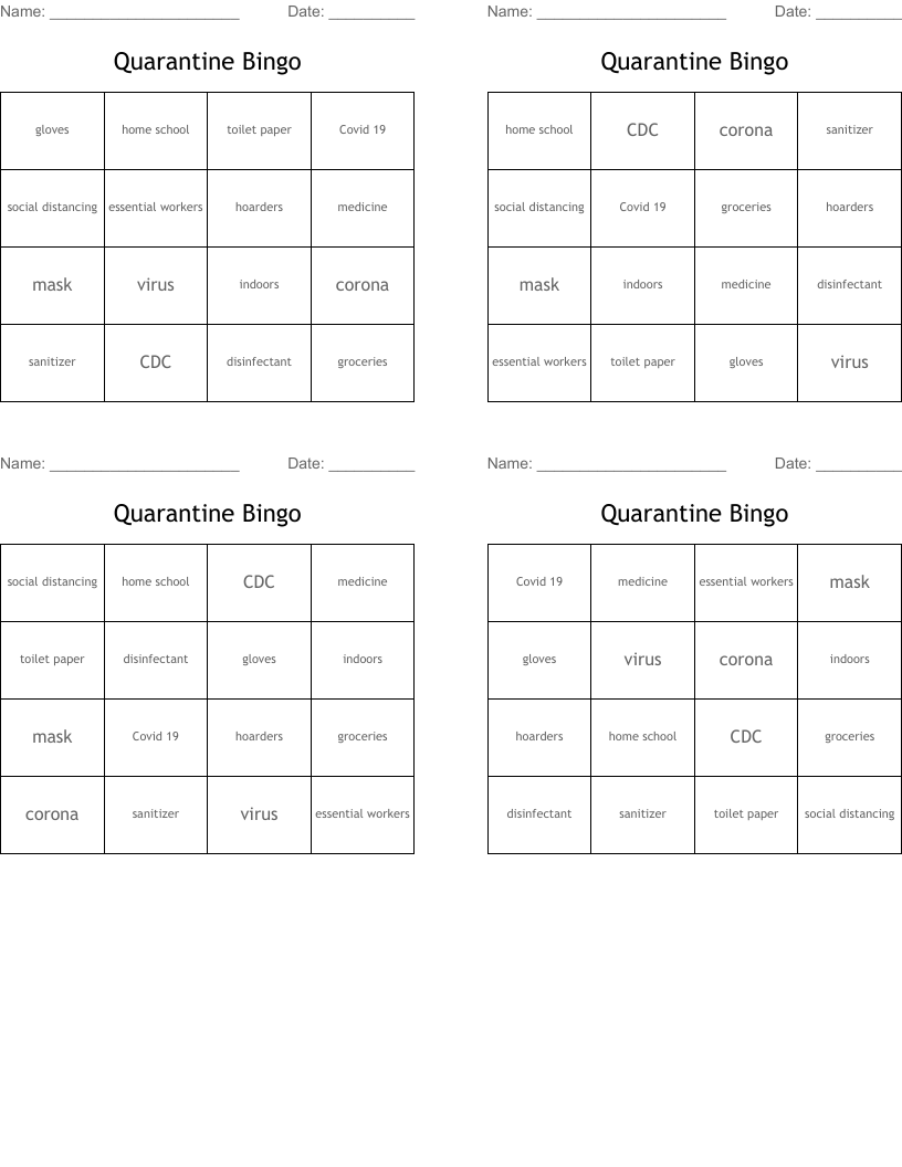 Quarantine Bingo