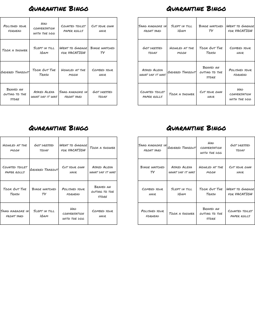 Quarantine Bingo