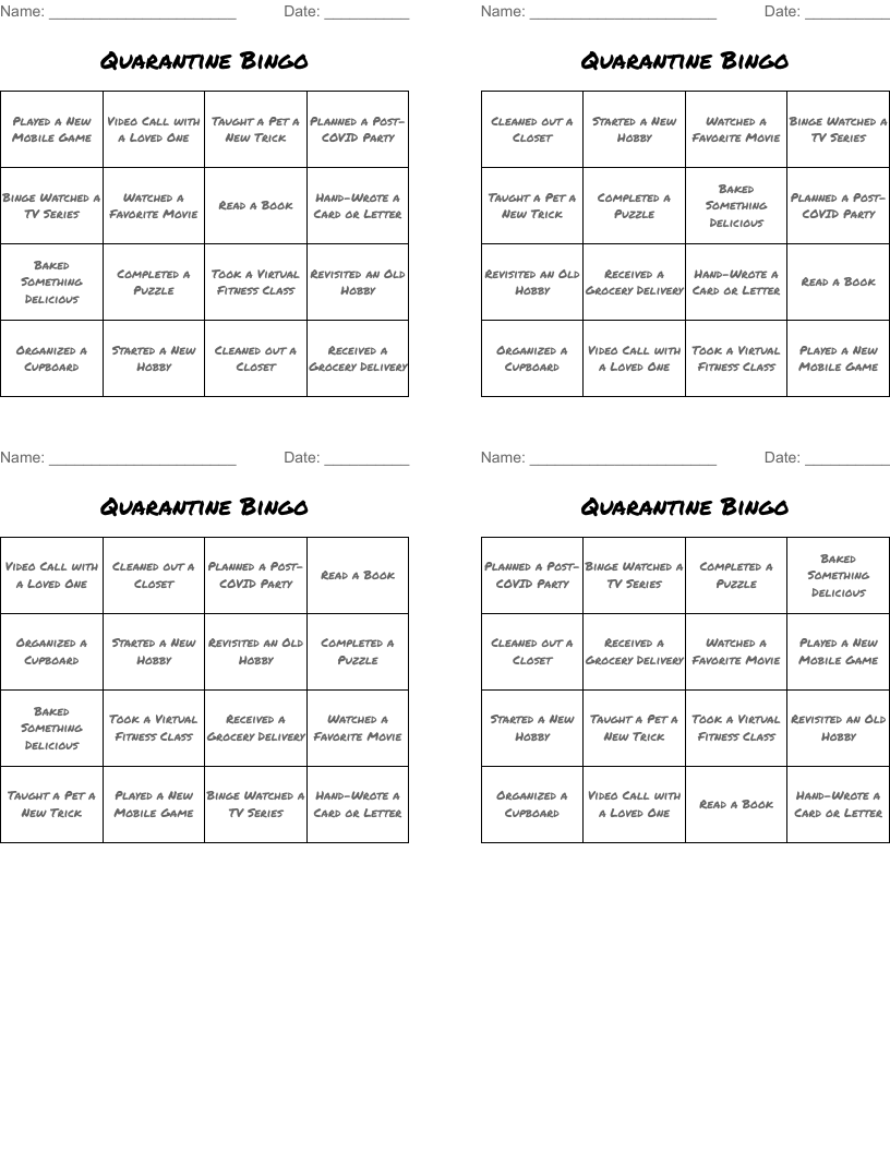Quarantine Bingo
