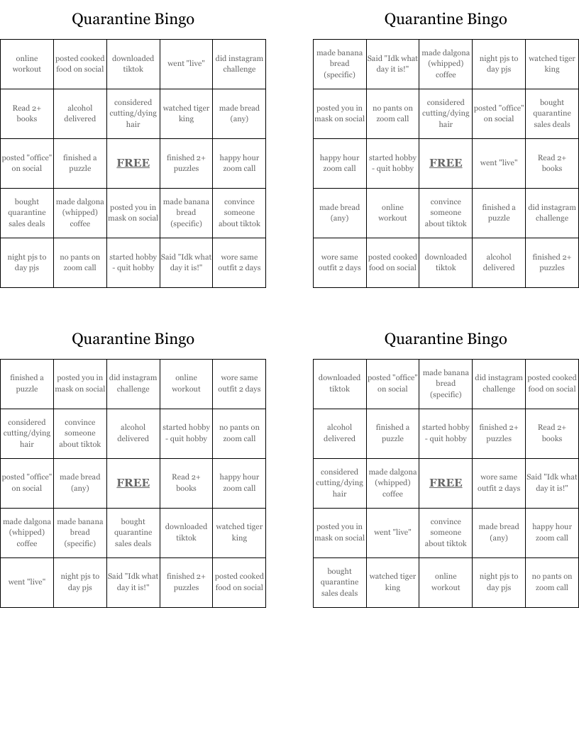 Quarantine Bingo
