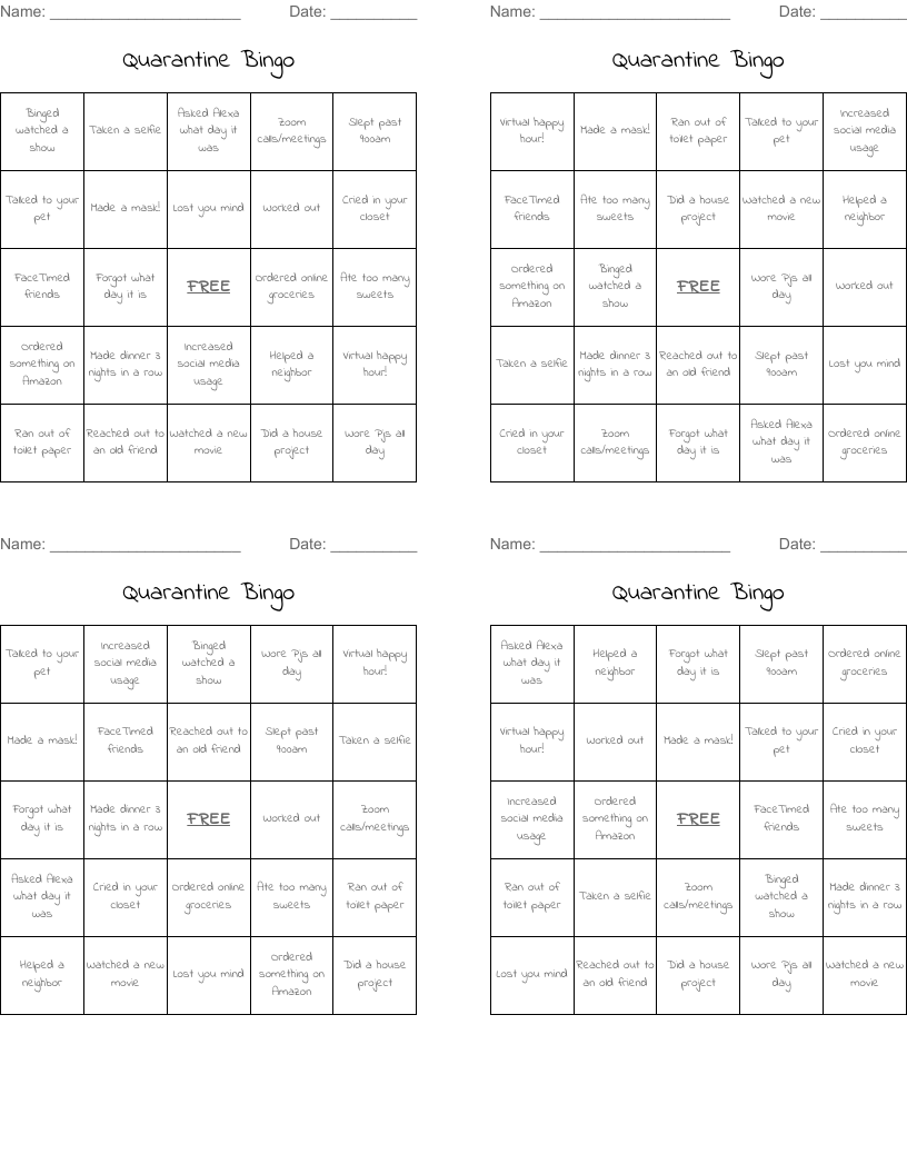 Quarantine Bingo