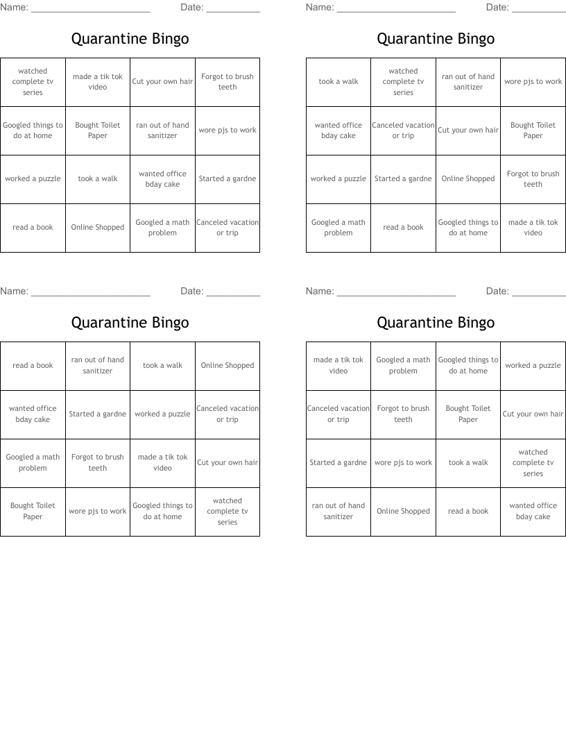 Quarantine Bingo