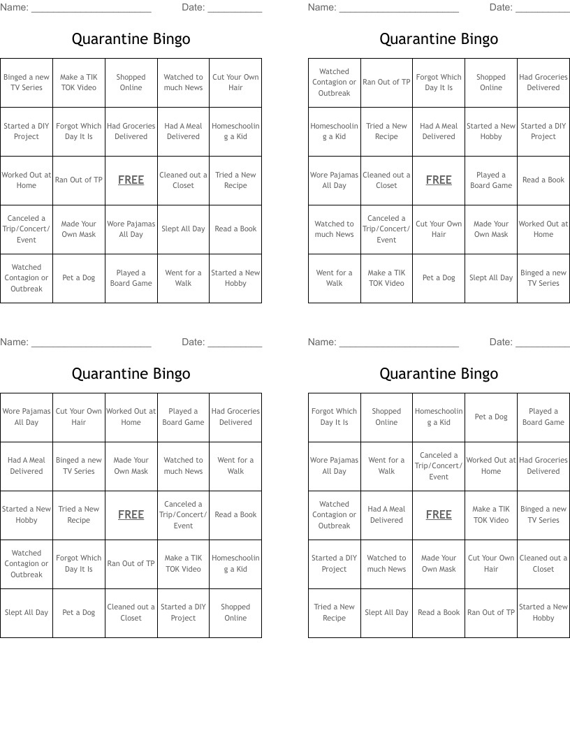 Quarantine Bingo