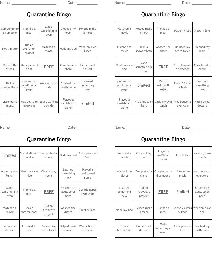 Quarantine Bingo