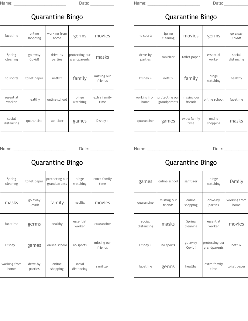 Quarantine Bingo