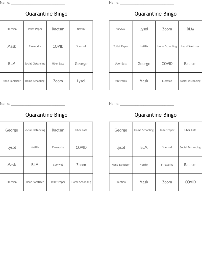 Quarantine Bingo