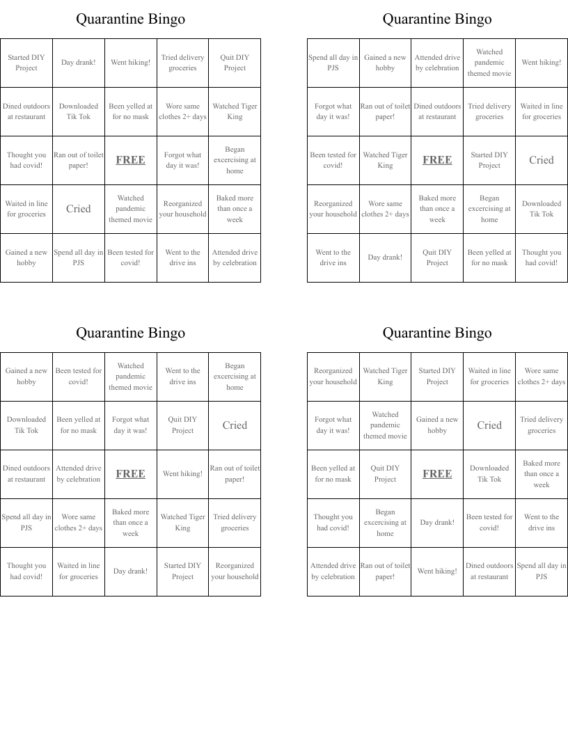 Quarantine Bingo