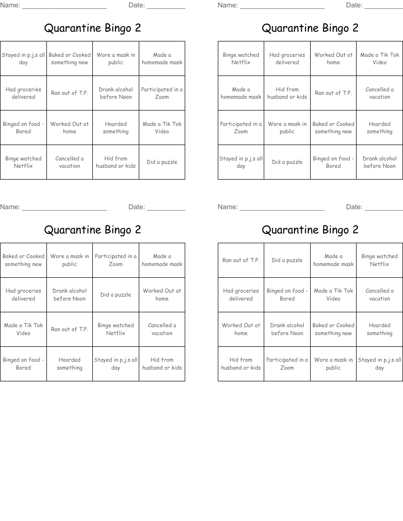 Quarantine Bingo 2