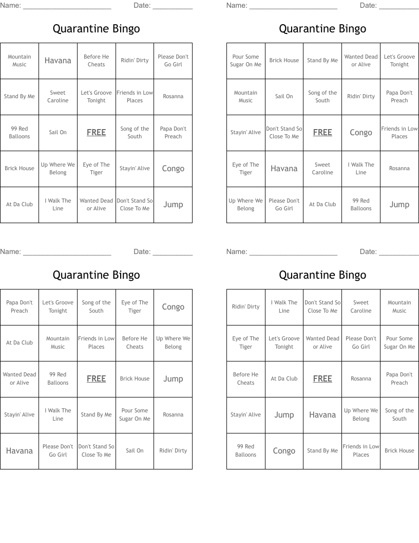 Quarantine Bingo 