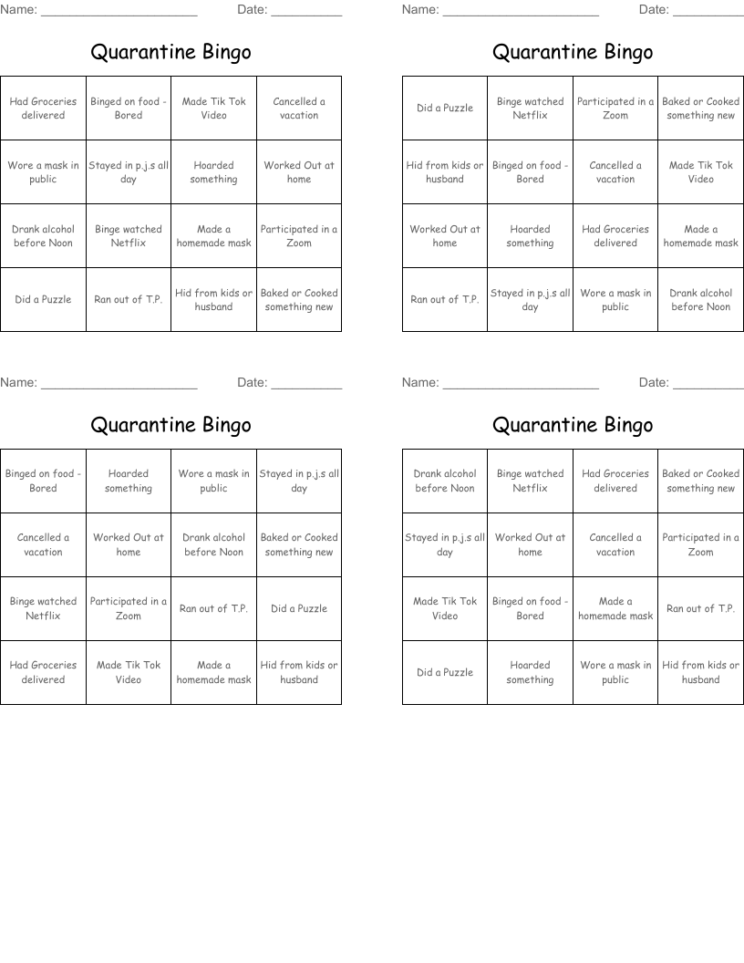 Quarantine Bingo 