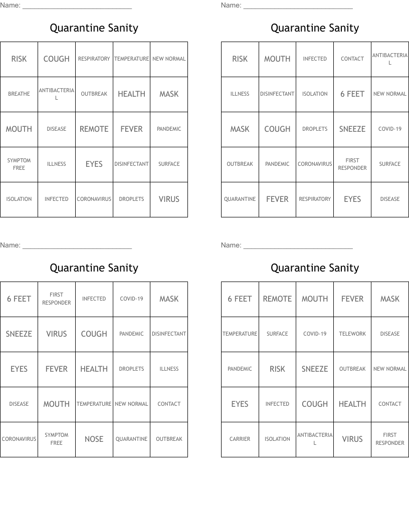 Quarantine Sanity Bingo Cards