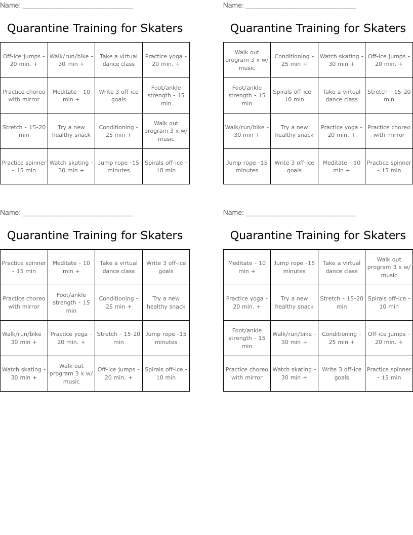 Quarantine Training for Skaters Bingo Cards