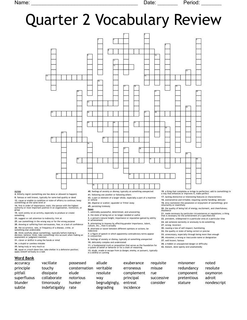 Quarter 2 Vocabulary Review Crossword