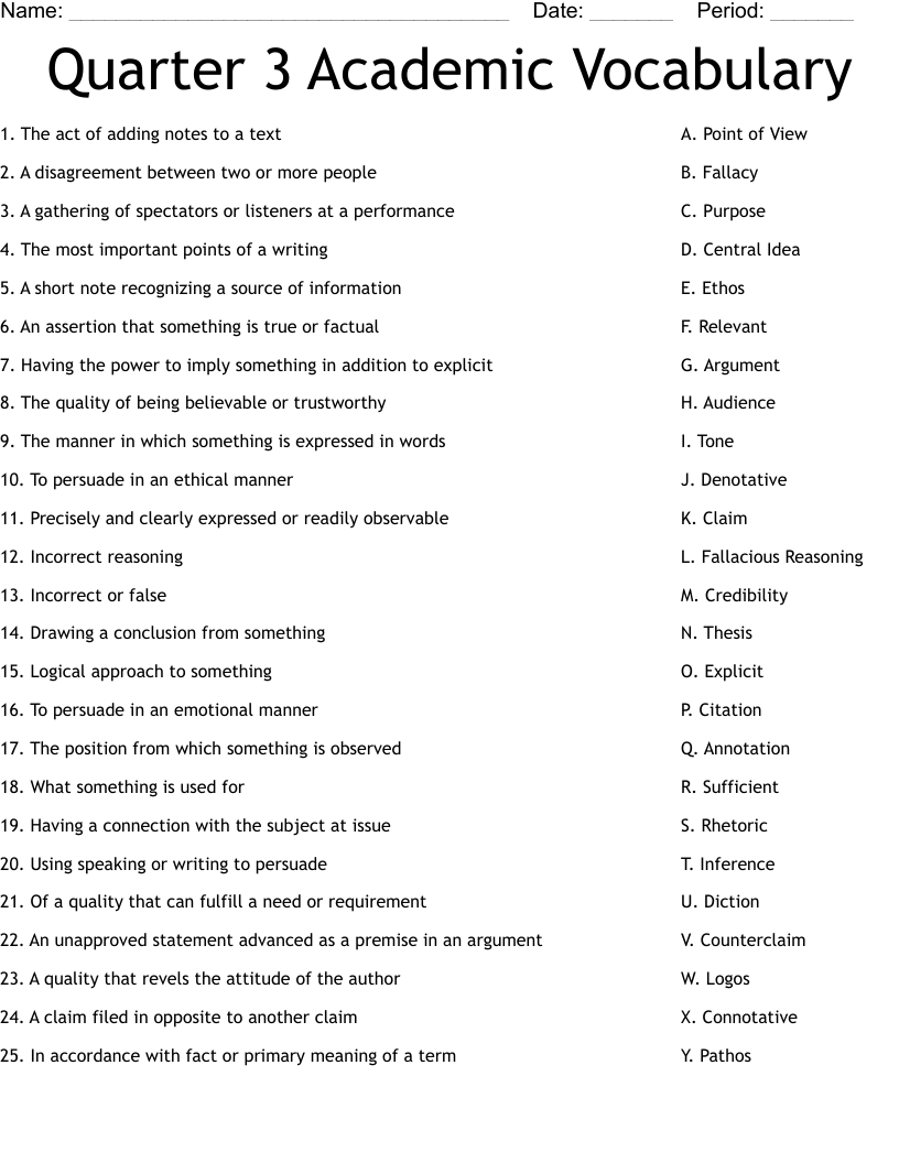 Quarter 3 Academic Vocabulary Worksheet