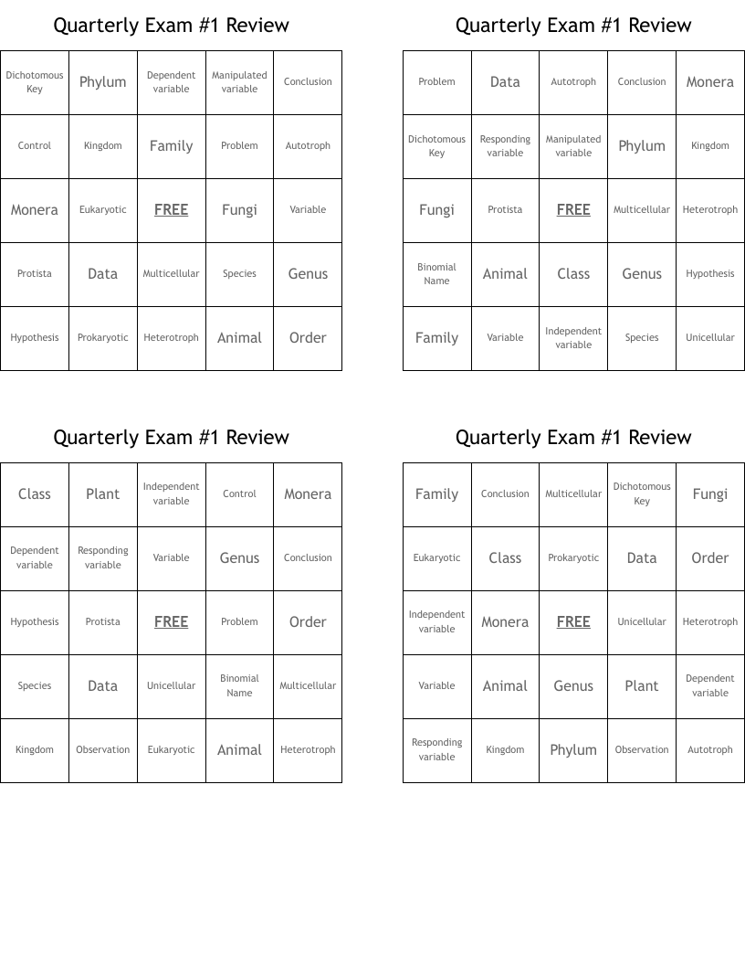 Quarterly Exam #1 Review Bingo Cards