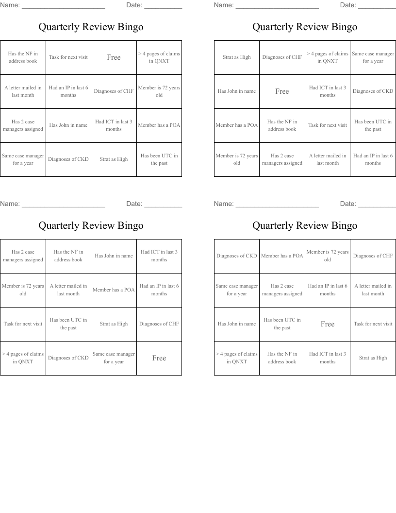 Quarterly Review Bingo 