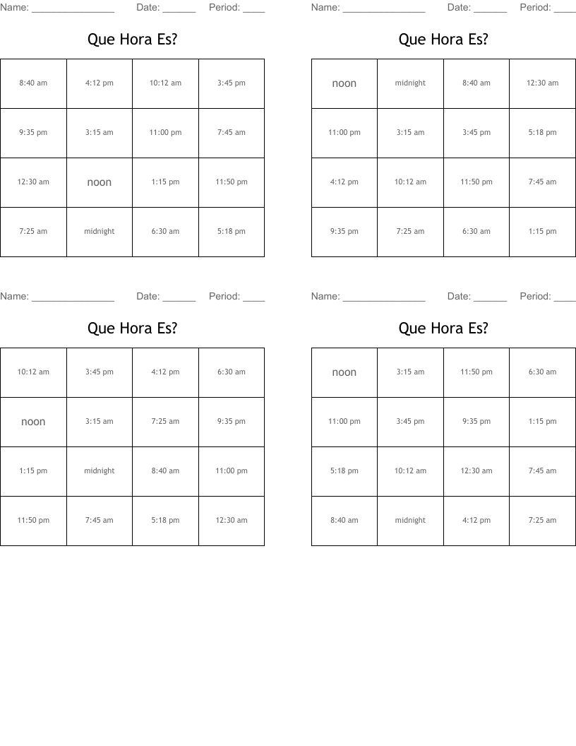 Que Hora Es? Bingo Cards