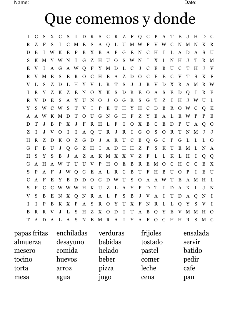 Que comemos y donde Word Search