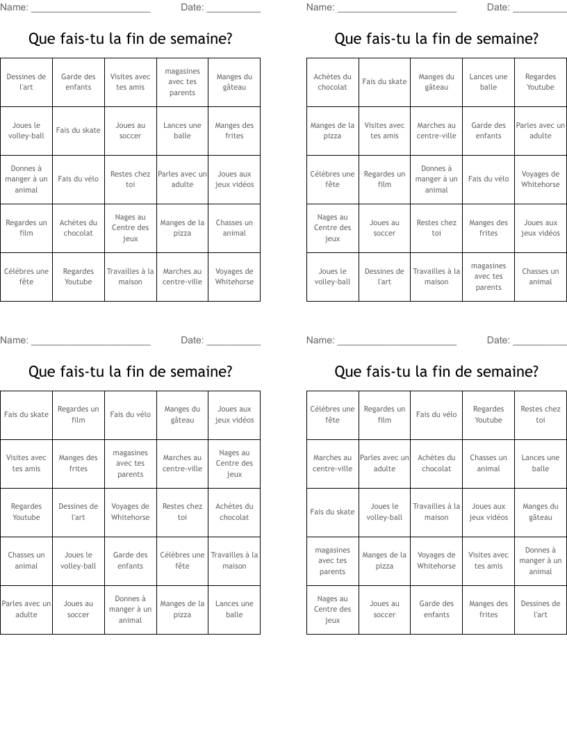 Que fais-tu la fin de semaine? Bingo Cards