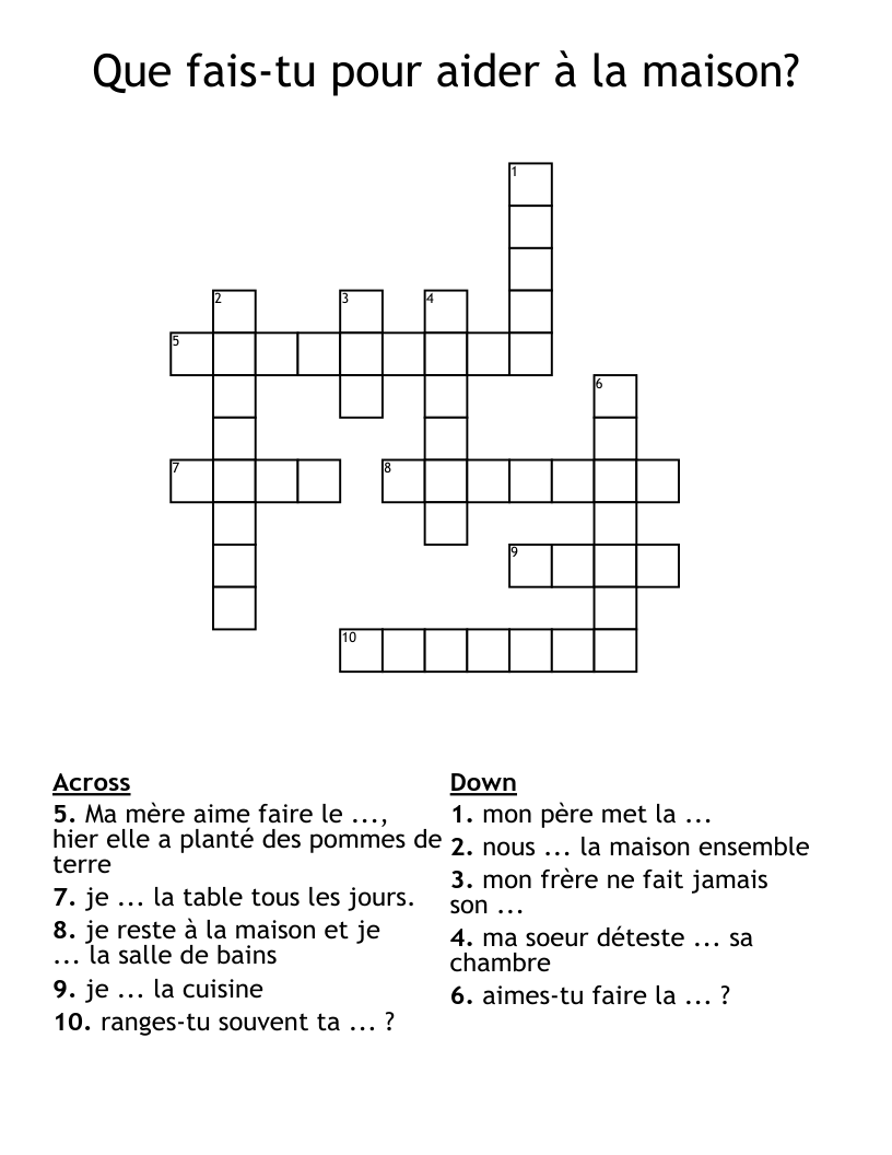 Que fais-tu pour aider à la maison? Crossword