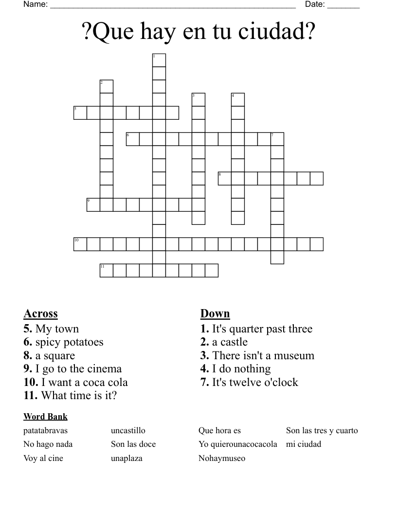 ?Que hay en tu ciudad? Crossword