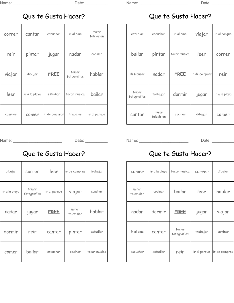 Que te Gusta Hacer? Bingo Cards