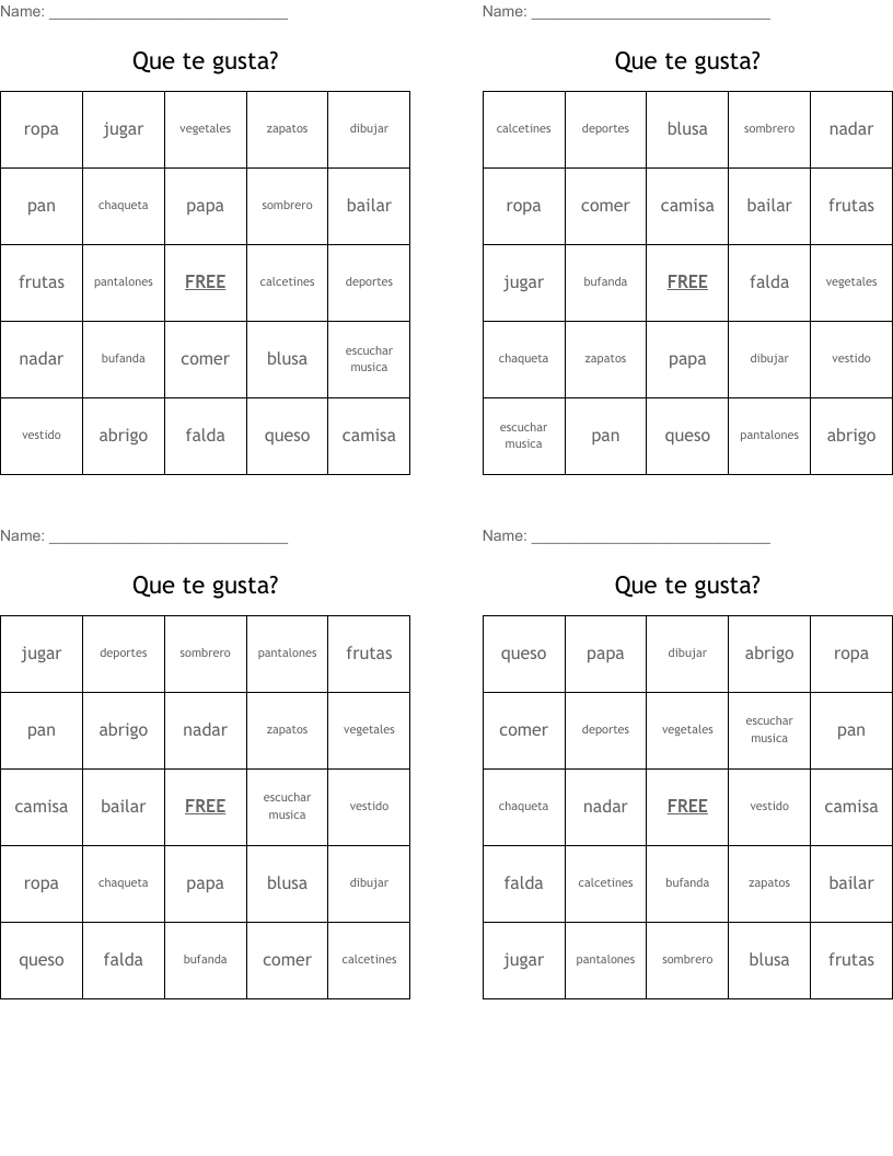 Que te gusta? Bingo Cards