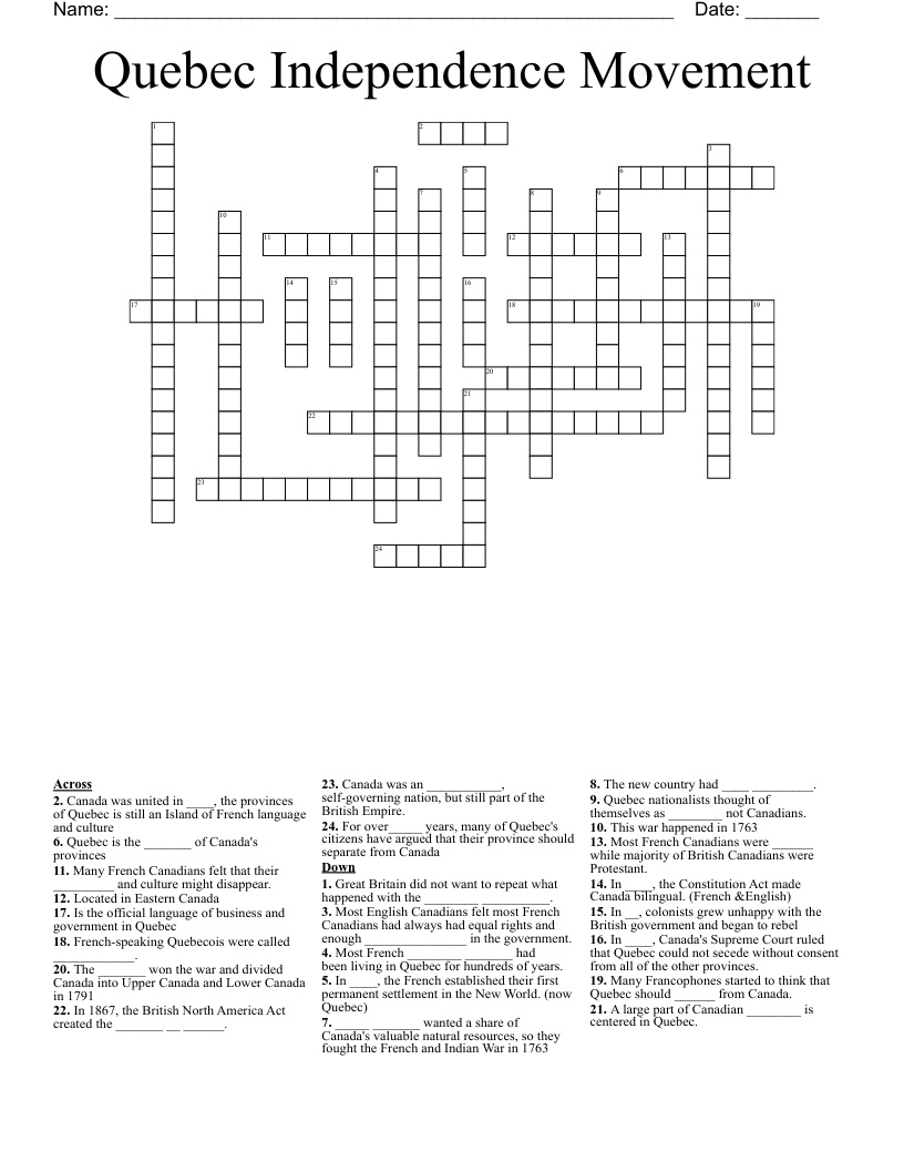 Quebec Independence Movement Crossword
